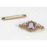 An amethyst and 9ct gold brooch,