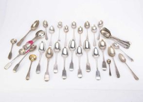 A collection of Georgian and Victorian and later silver and teaspoons and other spoons,