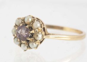 A 9ct gold amethyst and seed pearl dress ring,