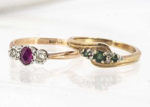 Two gem set 9ct gold dress rings,