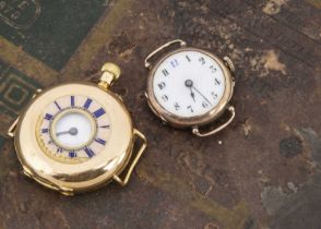 An early 20th century Continental 18ct gold half hunter lady's watch and a damaged 9ct gold lady's w