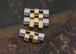 Two c1970s Rolex Jubilee stainless steel and gold wristwatch bracelet links,