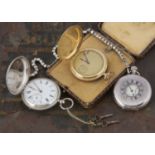 Two silver pocket watches and a gold plated pocket watch,