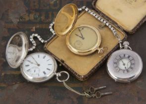 Two silver pocket watches and a gold plated pocket watch,