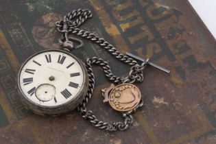 A Victorian silver open faced pocket watch with chain,