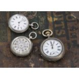 Three small Victorian and later silver open faced pocket watches,