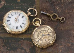 Two late 19th and early 20th century gold open faced ladies pocket watches,