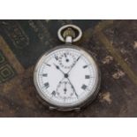An early 20th century silver pocket watch with stop watch facility probably by Minerva,