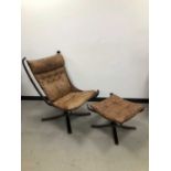 An unmarked bentwood and leather Falcon chair and footstool,