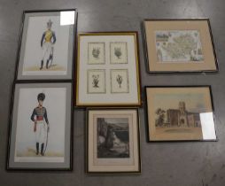 An assorted collection of framed prints,