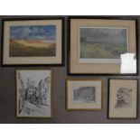 A collection of framed works,