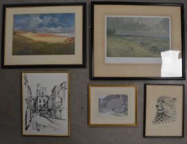 A collection of framed works,