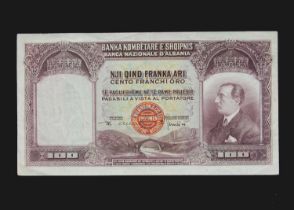 Specimen Bank Note: National Bank of Albania specimen 100 Gold Francs / 500 Lek,