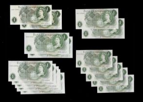 Group of Sixteen Bank of England £1 notes in five small consecutive runs,