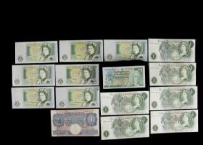 Group of Fourteen Bank of England £1 notes (odds),