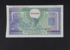 Specimen Bank Note: National Bank of Belgium specimen 500 Francs 100 Belgas,