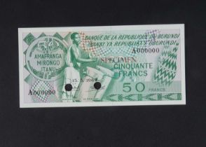 Specimen Bank Note: Burundi specimen 50 Francs,