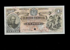 Specimen Bank Note: National Bank of Argentina specimen 1 Peso,