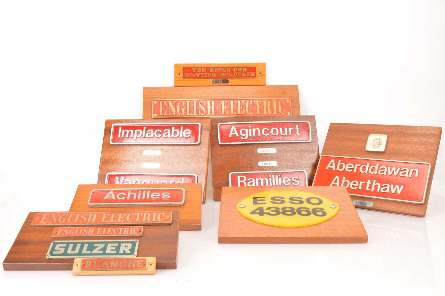 Collection of mainly reproduction Locomotives nameplates all mounted on wood,
