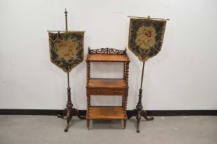 A Victorian walnut whatnot and two fire side pole screens