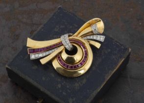 An Art Deco ruby and diamond yellow metal and platinum set clip and pendant brooch,