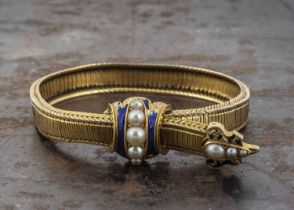 A 19th Century high carat gold enamel and pearl adjustable bracelet,