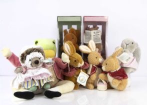 Eight Beatrix Potter character soft toys,