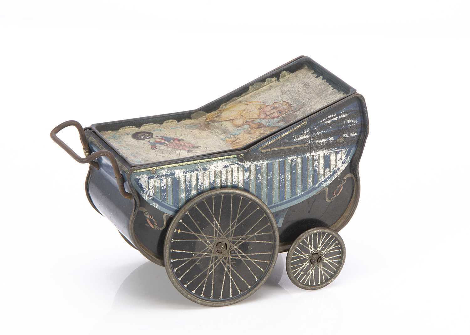 An early 20th century British lithographed tinplate perambulator biscuit tin,