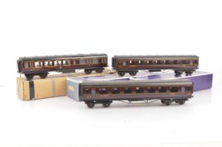 Three Exley for Bassett-Lowke O Gauge LMS maroon Main Line Coaches,