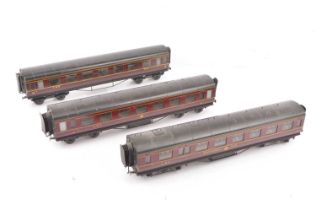 Three Exley for Bassett-Lowke O Gauge LMS maroon Main Line Coaches,