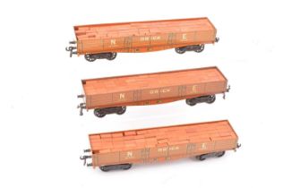 Three Bassett-Lowke 0 Gauge unboxed NE orange/tan bogie Brick wagons (3),