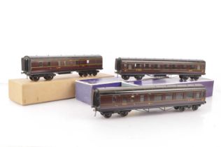 Three Exley for Bassett-Lowke O Gauge LMS maroon Main Line Coaches,