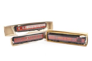 Three Exley for Bassett-Lowke O Gauge LMS maroon Main Line Coaches,