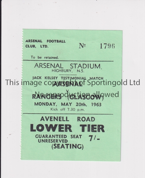 ARSENAL V RANGERS 1963 Ticket for the Jack Kelsey Testimonial at Highbury 20/5/1963. Good