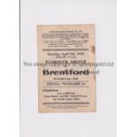 PLYMOUTH ARGYLE V BRENTFORD 1946 Programme for the FL South match at Plymouth 6/4/1946, slightly