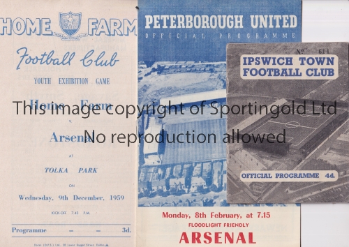 ARSENAL Three away programmes for Friendlies in 1959/60 season v Home Park, Peterborough, team