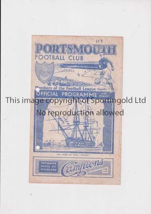 PORTSMOUTH Programme for the home FL South match v Brentford 2/9/1944, punched holes slightly