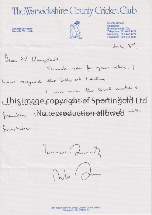 MJK SMITH AUTOGRAPH Official Warwichshire CCC letterhead, handwritten and signed by MJK Smith,