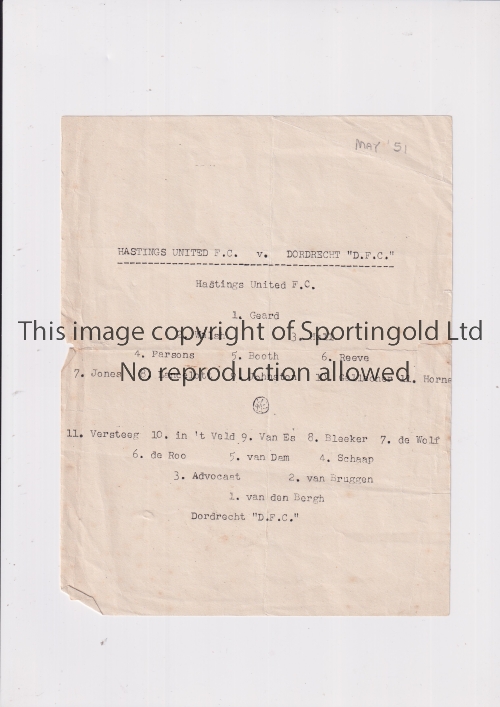 1951 HASTINGS V DORDRECHT / FESTIVAL OF BRITAIN Undated single sheet programme for the game at