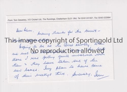 TOM GRAVENEY OBE AUTOGRAPH Handwritten postcard signed "Tom" by the former Gloucestershire CCC,