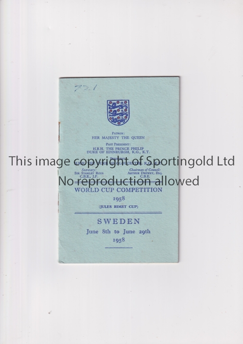 ENGLAND / WORLD CUP 1958 Official FA Itinerary booklet for the England party travelling to the