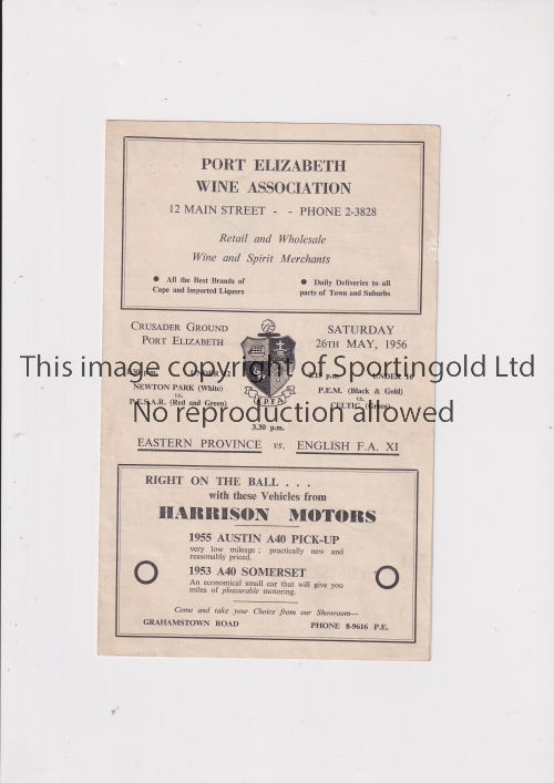 ENGLISH FA XI Programme for the away match v. Eastern Province played at Port Elizabeth, South