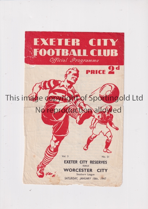 EXETER CITY Programme for the home Southern League match v Worcester City 18/1/1947, folded, worn