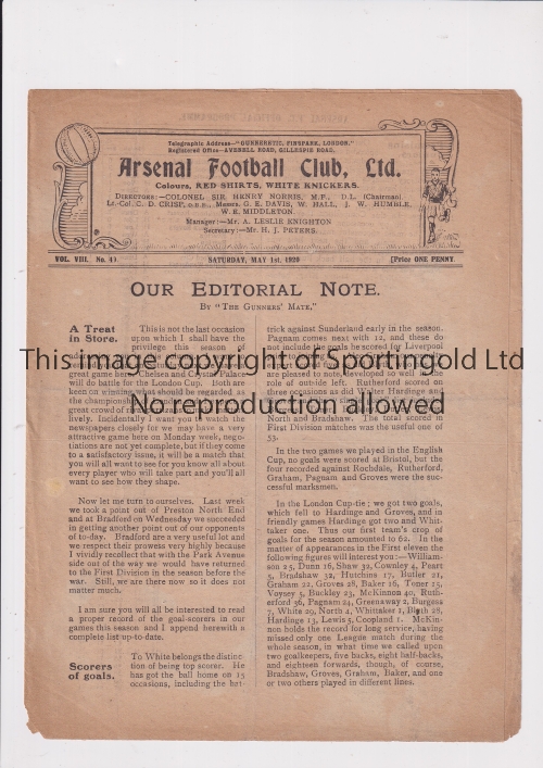 ARSENAL Programme for the home League match v Bradford Park Avenue 1/5/1920, very slightly worn at