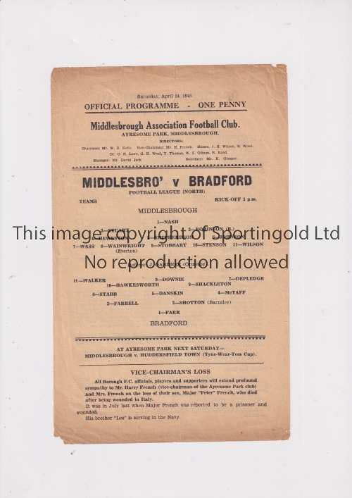 MIDDLESBROUGH V BRADFORD PARK AVENUE 1945 Single sheet programme for the FL North match at