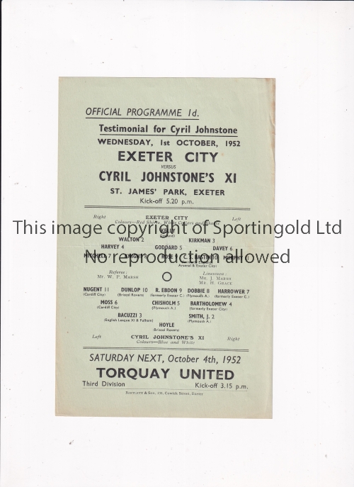 EXETER CITY Programme for Cyril Johnstone's Testimonial at St. James' Park 1/10/1952, very