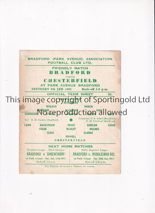 BRADFORD PARK AVENUE Single sheet home programme for the Friendly v Chesterfield 6/1/1962.