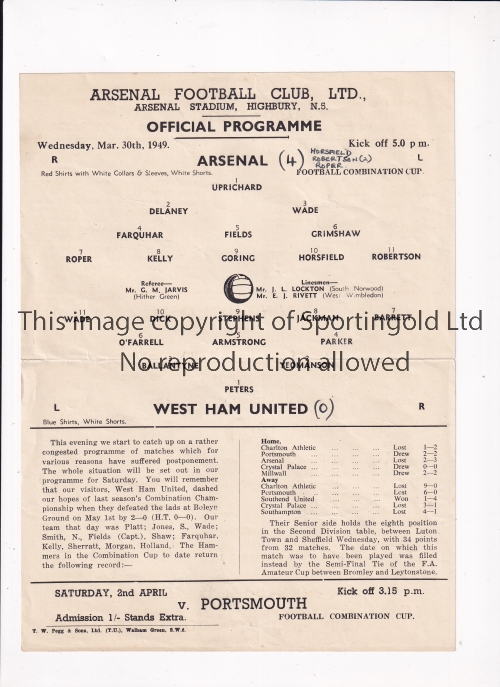 ARSENAL Single sheet programme for the home Football Combination Cup match v West Ham United 30/3/