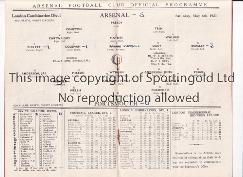 ARSENAL Programme for the home London Combination match v Portsmouth 6/5/1933, very slight