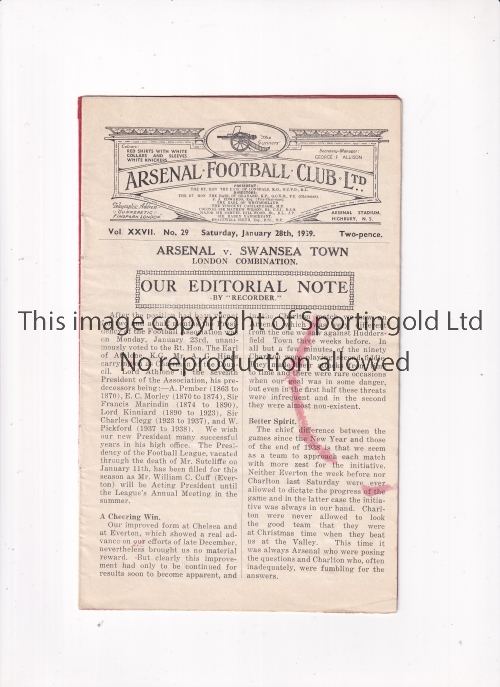 ARSENAL Programme for the home London Combination match v Swansea 28/1/1939, staples removed and